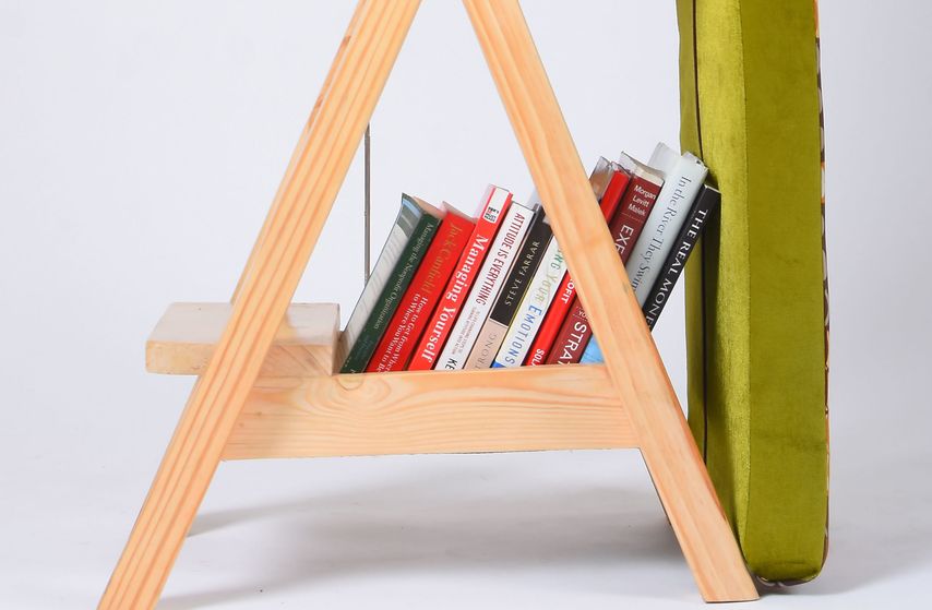 Ironing board, Chair, Work desk, & Shelf.